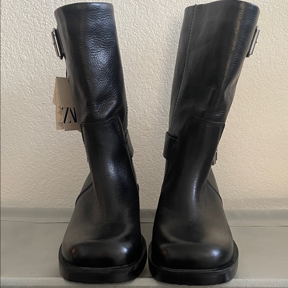 New Zara Women’s Black Buckled Leather Ankle Boots - Picture 2 of 10